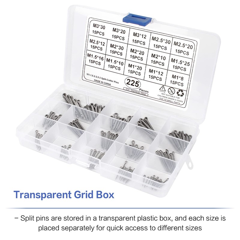 225 Pcs Stainless Steel Cotter Pin Assortment Kit, Cotter Pin
