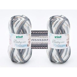 Set of 2 Baby Wool Colour, 2 x 50 g Gründl, Pattern Comes Straight from the Ball, 100% Polyacrylic (08 Grey Multicolour)