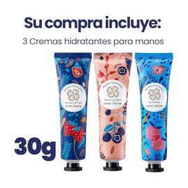 Set 3 Cremas Para Manos Hidratantes y Nutritivas Extractos de Plantas Blueberry Durazno y Fresa Humecta tus Mannos Trio Perfecto Portatil Cuidado de Las Manos