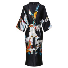 ANDOLLY Women's Long Floral Robe Satin Kimono Nightgown Silky Cover Up Bridal Dressing Gown Soft Sleepwear