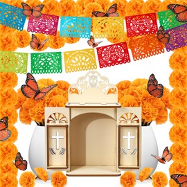 Suncalla 52 Pcs Dia De Los Muertos Decorations Set 1 Wooden Day of The Dead Ofrenda Shadow Box 9 Papel Picado Banners 30 Marigold Flowers and Stems 12 Monarch Butterfly for Ofrenda Altar Decor
