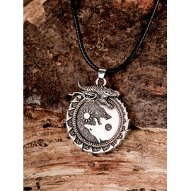HAQUIL Viking Necklace, Ouroboros Dragon Midgard Serpent Skoll Hati Wolf Pendant, Faux Leather Cord, Viking Jewelry Gift for Men