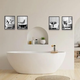 ARTZIO Black And White Bathroom Wall Art，Animals In Bathtub,Highland Cow、Elephant And Zebra Decor，Animal Print，Decorations For Bedroom，Pictures For Living Room， Decor Sets 4pc 8x10in Ready To Hang
