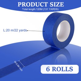Rindion 6 Rolls Blue Painters Tape, Multi-Surface Masking Tape, 132 Yd Premium Paint Tape for Use in Wall Painting, DIY Art Creation, Automobiles, Drafting, and Furniture (0.98 in x 22 Yd x 6)