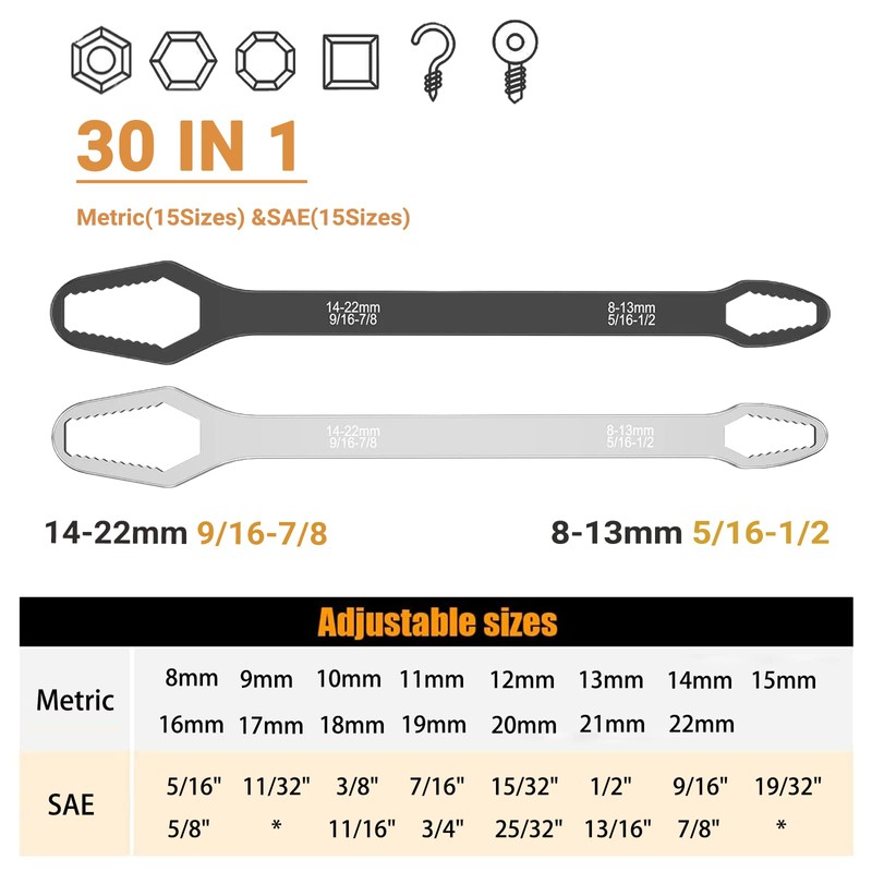 MOTEERLLU 8-22mm Universal Torx Wrench Set, Double-ended Self-tightening Adjustable Wrench