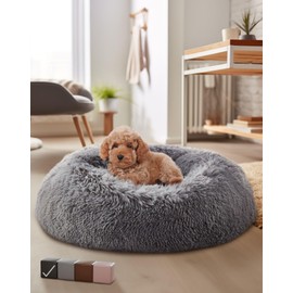 OhGeni Calming Donut Bed for Dogs and Cats, Ultra Soft Circle Bed, Cozy, Waterproof, Zipper Cover, 20 in Bed, Small Dog Bed (Gray)