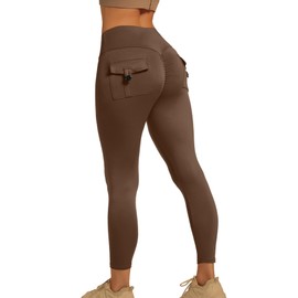 YOAKUKA Leggings with Pockets for Women Charm Tummy Control High Waist Leggings Compression Workout Gym Yoga Pants Coffee