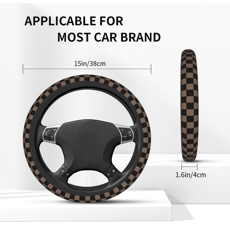 Black Brown Checkered Steering Wheel Cover Universal 15 Inch, Non