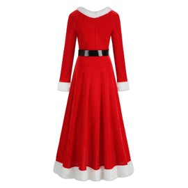 GRAJTCIN Women's Christmas Santa Claus Costume Red Maxi Dress Velvet Xmas Long Sleeves Mrs. Claus Cosplay (XX-Large, Red)