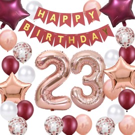 23rd Birthday Party Decorations Rose Gold for Women, Happy Birthday Banner Rose Red Number 23 Balloons Star Foil Balloons 23rd Birthday Confetti Balloons for Women 23 Years Old Birthday Party