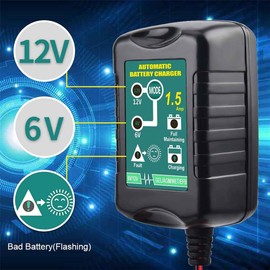 12V 1.5Amp Automatic Battery Charger, Battery Maintainer for Cars, Motorcycles, ATVs, RVs, Powersports, Boat and More. Smart, Compact and Eco Friendly