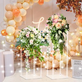 HPC Decor 2 Pcs Acrylic Flower Stand Vases, 16 Inch Tall Acrylic Vases Wedding Centerpieces Stand with 2 Pack Artificial Vines Ivy Garland & Lights for Party Tables Home Decor