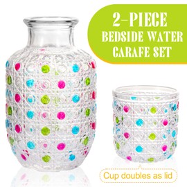 TIKTALK Bedside Water Carafe and Glass Set Bedside Night Carafe for Bedroom Nightstand Glass Mouthwash Dispenser with Cup for Bathroom Vintage Glass Carafe for Storing Juice Milk 17oz (Polka dot)