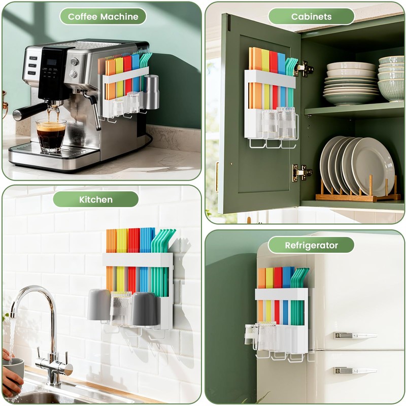 Metal Straw Holder for Cabinet Doors, Magnetic Cup and Straw