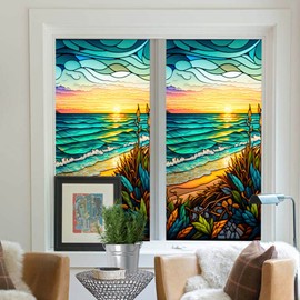 Stained Glass Window Film Privacy Frosted Window Film Self Adhesive Scenery Window Privacy Film Decorative Window Stickers Static Cling UV Blocking for Home Office Bathroom