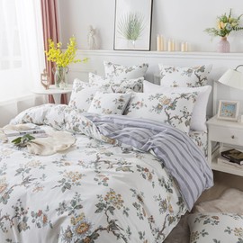 FADFAY Duvet Cover Set Queen Elegant Floral Bedding Shabby Beige Bird Print Flower Quilt Cover Set Vintage Farmhouse Bedding 100% Cotton Soft Comforter Cover Set with Zipper Closure 3Pcs, Queen Size