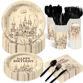 168pcs Magical Wizard Party Supplies Vintgage Castle Owl Party Table Decorations Magic School Birthday Paper Plates and Napkins Cups Cutlery for Birthday Decorations Serves 24 Guests
