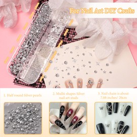 Silver Pearls for Nails, Goth Cone Nails Charms Nail Chain Charms and Metal Nails Beads Star Rivet Jewelry Accessories Flatback Pearl for DIY Crafts