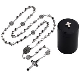 HanlinCC Stainless Steel Catholic Rosary Necklace with Gift Box with Saint Benedict Saint Michael Miraculous medal for Men and Women, 52cm length, Stainless Steel, No Gemstone