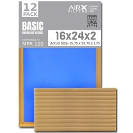 16x24x2 Air Filter Comparable to MPR 100 Basic Economy Furnace Filters, 12 Pack of Non Pleated Fiberglass Filter For Dust - Low Airflow Restriction! From AIRX FILTERS WICKED CLEAN AIR.