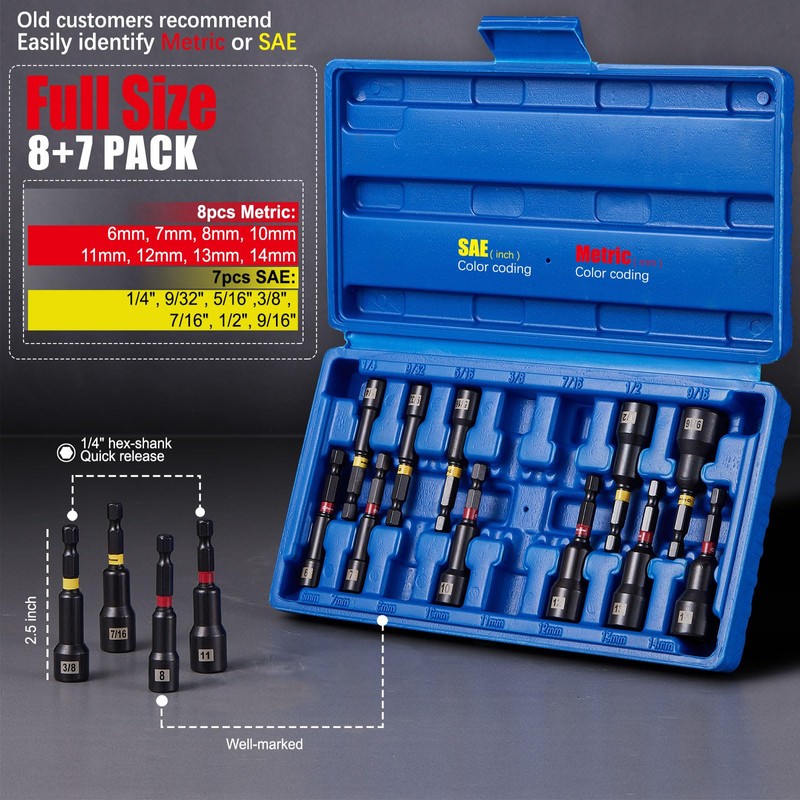 Facoow Magnetic Nut Driver Set for Impact Drill, 15 Pcs