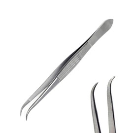 Micro Precision Surgical Forceps with Serrated Tips Stainless Steel Lab Tweezers - Strong Point Curved Tips- 4.5 Inch - Essential Labware Supplies & Lab Starter Kit Tweezers