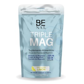 BE NAT | MAGNESIO | 180g en Polvo de Alta absorción, Sabor Natural limón | A base de 3 Magnesios: Glicinato, Citrato, Treonato y Vitamina C | Ingredientes 100% Puros | TRIPLE MAG | Suplemento Alimenticio Premium.