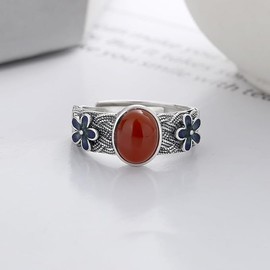 SUNYOBAO Women's Ring, Thick, One Size Fits Most, 925 Silver, Red Agate Ring, Wide, Sublite, Nankai Agate, Single Grain Blue, Cherry Blossom, Vintage Style, For School, Birthday, Lover's Day, Gift