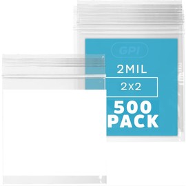 GPI 500 Count 2" x 2" CLEAR PLASTIC RECLOSABLE ZIP BAGS - Bulk 2 mil Thick Strong & Durable Poly Baggies With Resealable Zipper Top Lock & write-on white block, for jewelry, packaging & shipping