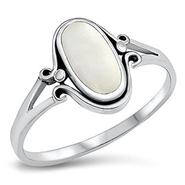 CloseoutWarehouse Simulated Opal Elongated Oval Ring Sterling Silver (Mother of Pearl, 7)