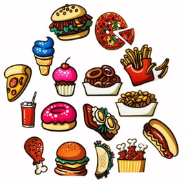 Lovezzr 16Pcs Cute Cartoon Food Illustration Latest Version Patch(not Embroidered Patch), Self-Adhesive Patch Applique for Clothes, Dress, Hat, Jeans, DIY Accessories
