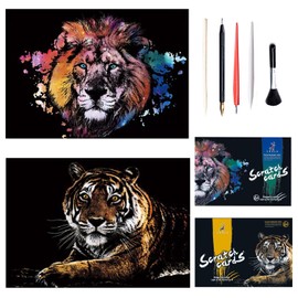 Georgie Porgy Scratch Picture Set DIY Craft Sets for Children Adults Magic Rainbow Scratch Paper A3 Animal Scratch Paper for Christmas Birthday Gift with Scratch Tools Kit (A3 Lion + Tiger)