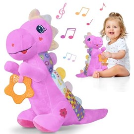 Baby Dino Plush Soft Stuffed Animal Toy for 0-3-6-12+ Months,Infant Musical Toy with Rattle,Squeaker,Sensory Crinkle,Teether & Textures,Tummy Time Toys Christmas Baby Gift for Newborn Girl(Purple)