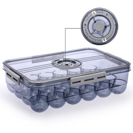 BTSKY Premium Plastic Egg Holder for Fridge - 24 Egg Refrigerator Container, Organizer with Time Reminder and Lid