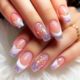 24Pcs French Tips Press on Nails Glossy Purple Glitter Medium Coffin False Nail Rhinestones Acrylic Full Cover Fake Nails Curve Gel Glue on Fingernails Sequin Stick on Nail for Holiday Manicure Art