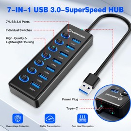 7-Port USB 3.0 Hub, Data USB Hub Splitter with Individual On/Off Switches and Lights, Compatible with Laptop, PC, MacBook, Mac Pro, Mac Mini, iMac, Surface Pro and More