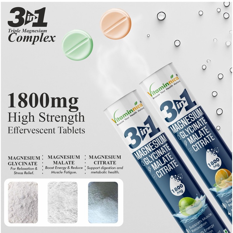 Vitaminnica Magnesium 3-in-1 Effervescent- 15 Tablets – High Absorption Magnesium