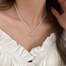 Dervivea Boho Pearl Heart Pendant Necklace Vintage Pearl Choker Necklace Gold Tulip Heart Pearl Necklace Heart Pearl Collar Necklace Jewelry for Women