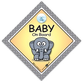 Baby Elephant On Board Sign, Baby On Board Sign, High Visibility Suction Cup Car Window Sign Designed to Let Other Road Users Baby is in The Car, 14 cm x 14cm x 2cm
