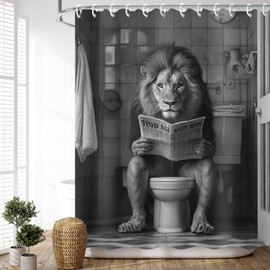 JAWO Funny Shower Curtain Farmhouse Cool Lion Shower Curtains for Bathroom Grey Humor Animal Reading on Toilet Curtains, Western Country Large Cat Bathroom Curtain Polyester Fabric Set Hooks 72X72