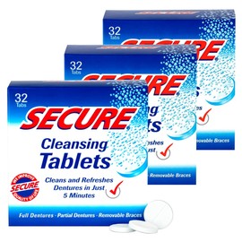 Secure Anti-Plaque Cleansing Tablets pH Formula Removes Odors, Stains, Bacteria, Germs - Deeply Clean Dentures, Partials, Nightguards, Retainers in 5 Minutes - 96 Tablets (3 Pack)