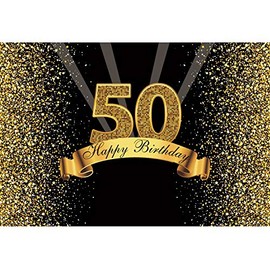 Yeele 10x8ft 50Th Birthday Backdrop for Photography Glitter Gold and Black Background Happy Birthday Party Decoration Banner Celebration Adult Photo Booth Shoot Vinyl Studio Props