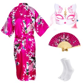 CRFASIBE Japanese Kimono Robe for Women, Traditional Japanese Party Costume, Peacock Robe Dressing Gown, Kimono Mask Hand Fan Socks Set(Rose Red,XL)