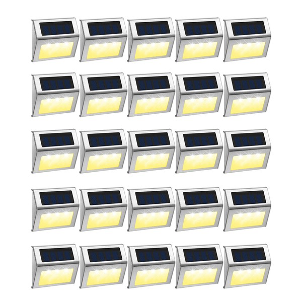 24 Packs Outdoor Fence Lights Solar Powered Deck Lights Waterproof Backyard Lighting Stainless Steel Lamp Stairs Fence Light Security Wall Lamps for Step Walkway Patio Garden Pathway (Warm White)