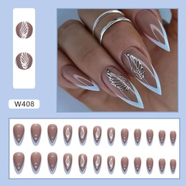 Press on Nails Pointed with Wing Designs, Medium Length Full Cover Reusable Glossy False Nails Kits Glue on Nails Almond Shape Artificial Fingernails Acrylic Fake Nails Stick on Nails with Charms