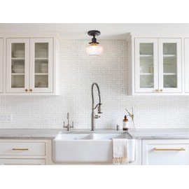 PERMO Semi Flush Mount Ceiling Light Black Mini Chandelier Light with Flate Ribbed Globe Glass Lampshade