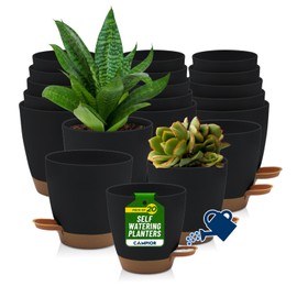 Campior Self-Watering Planters - 5 Size Indoor and Outdoor Plant Pots with Drainage Holes and Wick Rope, Plastic Pot for Succulents, Flowers, and Plants, (7”,6.5”,6”,5.5”,5” Inches), Pack of 20, Black