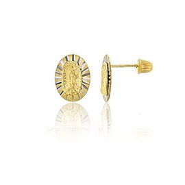 14K Yellow Solid Gold High Polished Diamond Cut Textured Oval Virgin Mary Hat Screw Back Stud Earrings | Stud Earrings | Hat Screw Backs | Fine Jewelry | Solid Gold Stud Earrings for Women and Teens