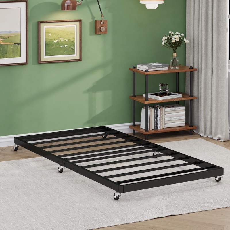 Lutown-Teen Twin Trundle Bed Frame with Metal Slats, Roll-Out Design,