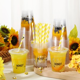 Umigy 100 Pack Honey Bee Plastic Disposable Cups with Lids and Straws 12 oz Disposable Cups for Juice Water Coffee Summer Party Sports Party Supplies(Bee)